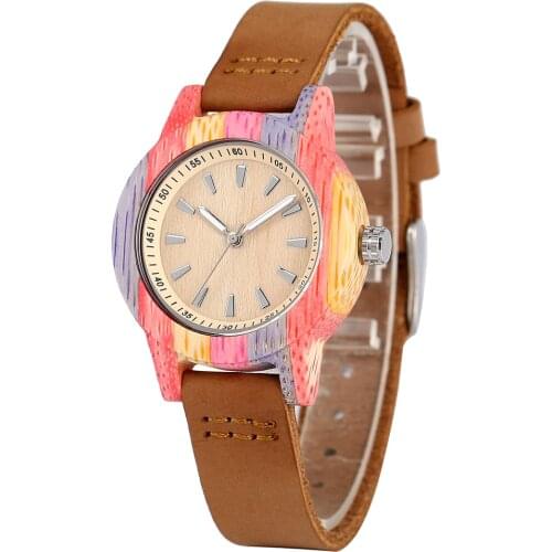 Brown Bamboo Wood Watch Woman Creative Quartz Analog Genuine Leather Handmade Wooden Wristwatch Luminous Pointers zegarek damski