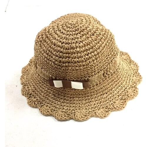 Kids Straw Hat Beach Foldable Paper Boater Hats Children Little Girls Bow Band Dark Natural Summer Handmade Floppy Straw Hat