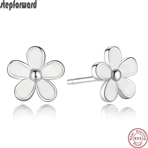 Elegant Very Popular White Enamel Daisy Shape 925 Pure Silver Daisy Stud earrings