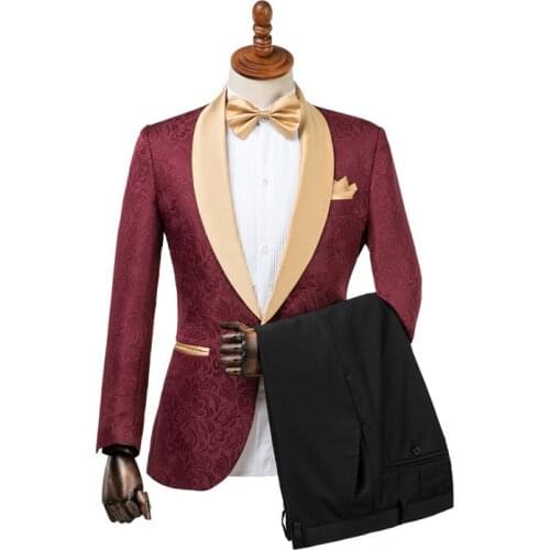 Gwenhwyfar Jacket Pants Design Tuxedos Groom One Button Burgundy Gold Shawl Lapel Custom Made Formal Best Man Men Wedding Suit