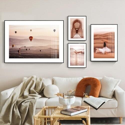 Islamic Wall Art Gate Desert Poster Landscape Green Leaf Balloon Canvas Painting Nordic Print Living Room Decoration Picture