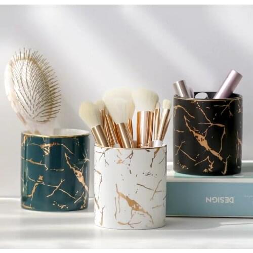 Nordic Marbled Pen Holder Cosmetic Brush Storage Box Cosmetic Brush Holder Ceramic Jar Household Table Decoration Container
