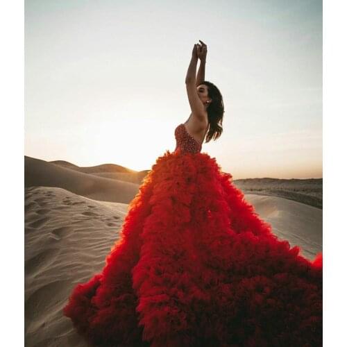 Red Wedding Dresses Strapless Fulle Tulle Sequins Beaded Bridal Gowns Robes De Mariée Sexy Backless Bohemian Wedding Dress