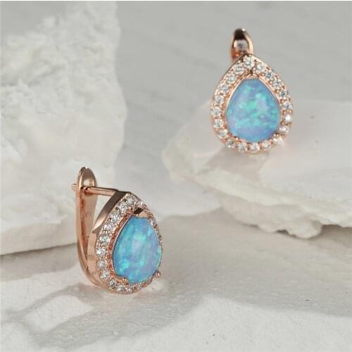 Cute Water Drop Stone Earrings Blue Fire Opal Hoop Earrings Charm Rose Gold Color Small Earrings For Women Bride Wedding Jewelry
