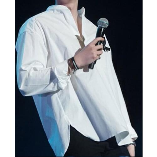 Shirt For Men Hair Stylist Nightclub Trendy Oversize Loose V-neck Long-sleeved Shirt Large Size Round Hedging Mid-length Top