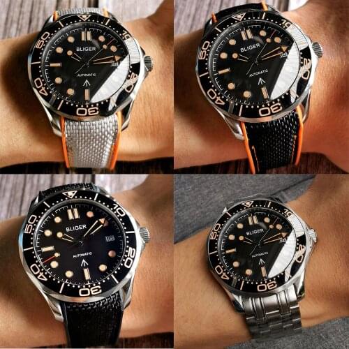 BLIGER Brand Mechanical Men Watch NH35A Movement Orange Marks Green Luminous Steel/Rubber Band Screw Crown