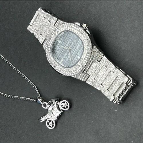 Men Luxury Gold hip hop watch Bling Rapper Men Jewelry Necklace Combo Set Watch Gold motorcycle Pendant Cuban Chain For Men