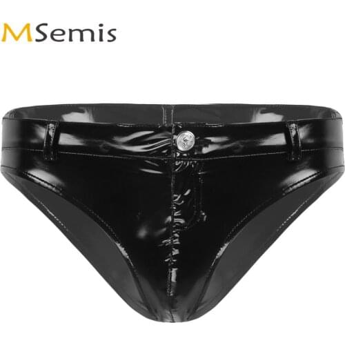 Men Wetlook Leather Lingerie Sexy Low Rise Triangle Briefs Underwear Hombre Gay Erotic Zipper Open Crotch Booty Panties Clubwear