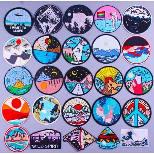 Mountain Wave Embroidery Patch DIY Iron On Patches For Clothes Scenery Embroidered Patches For Clothing Applique Stickers Badges