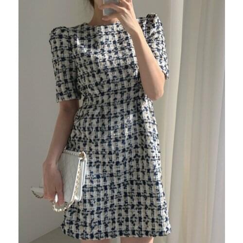New Arrival Runway Fashion Chic Autumn Lady Light Mature Slim Puff Sleeve Plaid Tweed Korean Womens Mini Dress Vestido