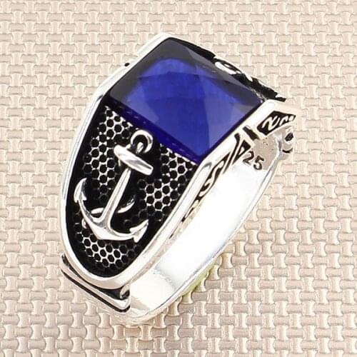 Oxidized Square Navy Blue Zircon Stone Men Silver Ring With Anchor Motif Solid 925 Sterling Silver