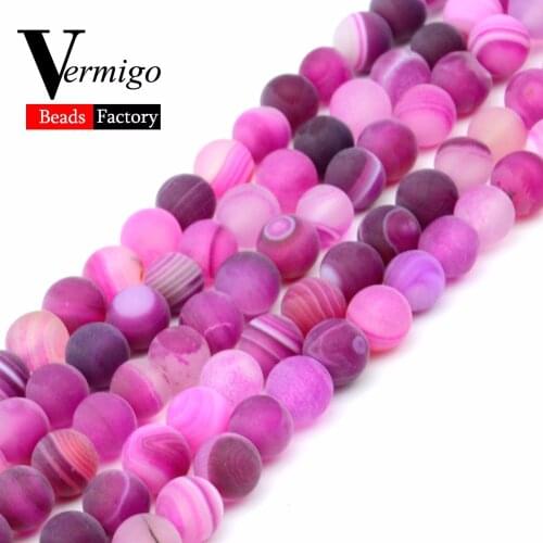 Wholesale Natural Stone Matte Agates Beads Dull Polish Fuchsia Stripe Onyx Diy Round Loose Beads For Jewelry Making 4-12mm