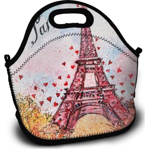 Portable Insulated Thermal Bento Lunch Box Vintage Watercolor Paris France Eiffel Tower Picnic Storage Bag Pouch Lunch Bags