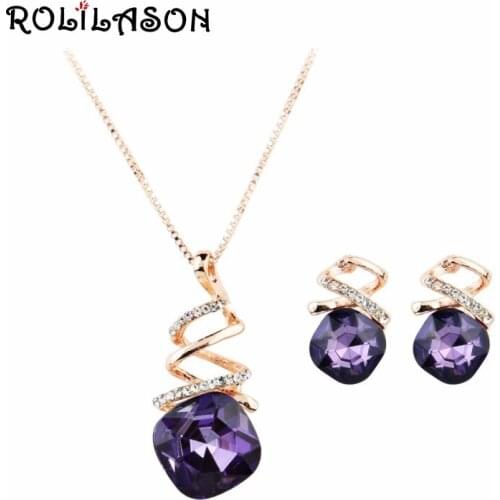 ROLILASON Simple Style Purple Zircon Rose Gold Set Spring Carnival Pendant Necklace Earrings Fashion Anniversary Gift JS820