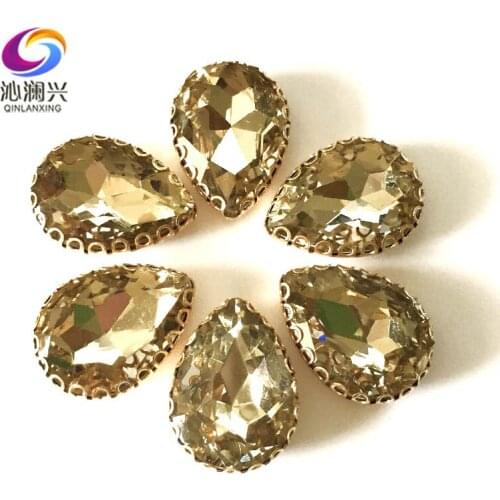 Light coffee Drop shape top glass crystal lace claw rhinestones,golden base sew on stone for Diy/Clothing accessories HGS04