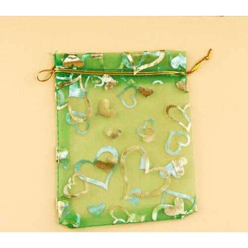 Dark Green Organza Bag 17x23cm Heart Print Drawable Jewelry Pouches Cute Wedding Jewelry Packaging Display Gift Bags 100pcs/lot