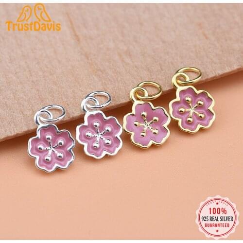 TrustDavis Fashion Real 925 Sterling Silver Little Pink Flowers Charm Pendant Handmade DIY Accessories Wholesale HY014