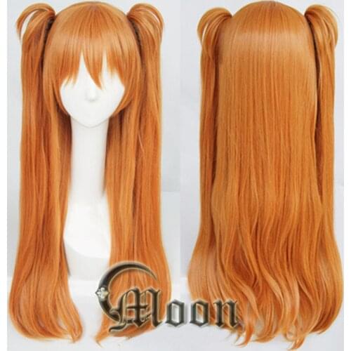 High Quality Hair EVA Asuka Langley Soryu Long Orange Heat Resistant Hair Cosplay Costume Wig + 2 Ponytail Clips