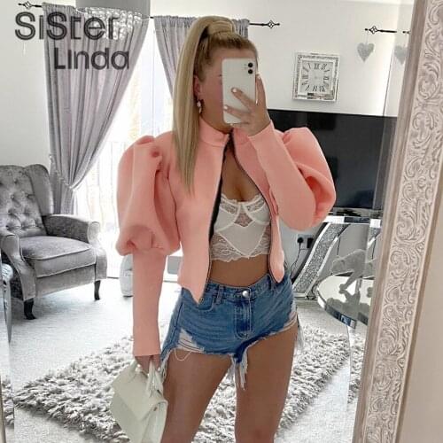 Sisterlinda Casual Elegant Puff Sleeve Zipper Slim Jacket Women Autumn Skinny Wild Office Lady Coat Y2K Top High Street Clothing