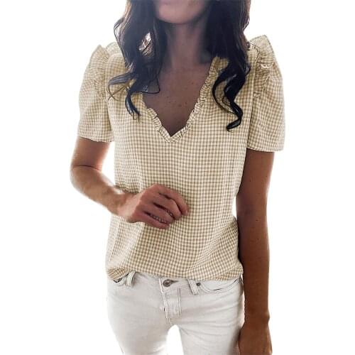 Plaid Shirts For Female 2021 Summer New Clothes Tops Fashion Womens V-neck Ruffled Short-sleeved Top Shirt Bottoming Shirt