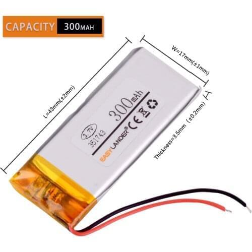 10pcs/Lot 3.7V 300mAh Rechargeable li Polymer Li-ion Battery For pen MP3/MP4/Game Player GPS PSP Lampe speaker toys 351743