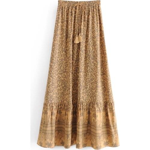 Boho Women Hippie beach Bohemian leopard floral print pleasted long skirt High Waist Maxi A-Line Skirt Femme beach party wear
