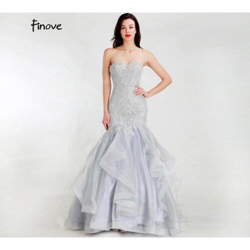 Finove Elegant Mermaid Dress 2020 Grey Organza Sexy Sweetheart Sleeveless Long Floor Length Evening Dresses Gowns For Women