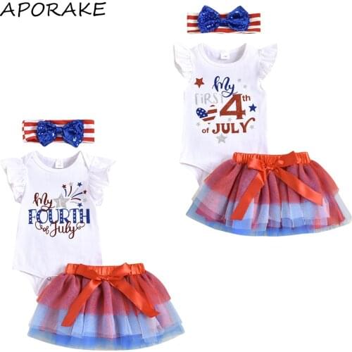 2021 0-18M Infant Girl Clothing Set 4th Of July Letter Print Ruffle Short Sleeve Romper+Layered Tutu Skirt+Sequins Bow Headband