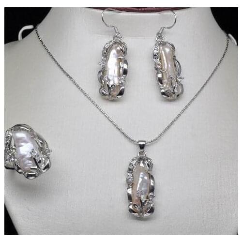 New Arriver Pearl Jewelry Set White Biwa Real Pearl Earrings Pendant Ring Set