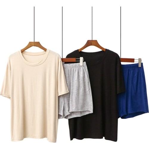 Korean Knit Modal Sleepwear Short Sleeve Contrast Color Pajamas Set O Neck Lounge Wear Pijamas Women Loose Ladies Pyjamas Suit