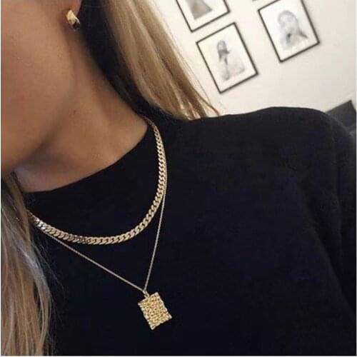 Summer dress with geometric chain necklace simple and generous relief square brand Pendant Necklace female