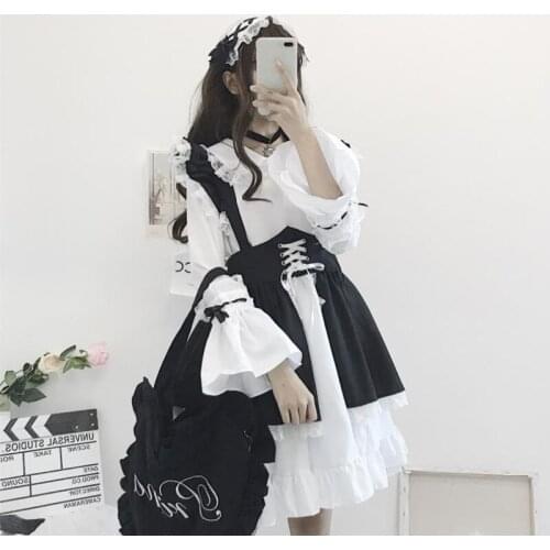 Kawaii Lolita Dress Sweet Cute Kawaii Girls OP Princess Maid Vintage Ruffles Skirt Puff Sleeve Black Women Skirt Round Collar