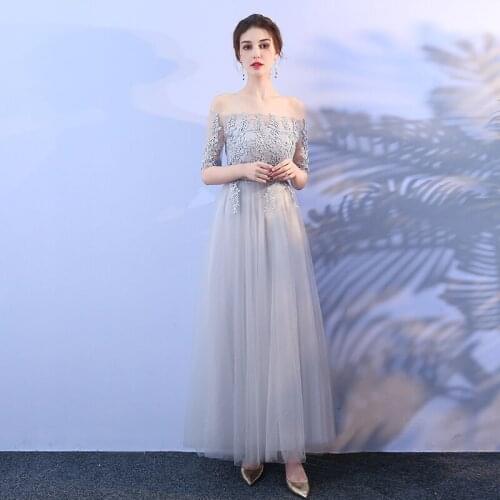 Sweet A-line Floral Embroidery Floor-length Slash Neck Lace New Korean Banquet Gray Sister Dresses Performance Women Party Dress