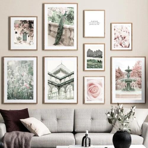 Mountain Flower Lawn Fountain Building Nordic Poster Plant Wall Art Print Canvas Painting Wall Pictures For Living Room Decor