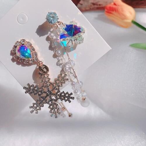 New Shiny Rhinestone Snowflake Asymmetry Pearl Beads Tassel Drop Earrings Women Elegant Christmas Pendientes Jewelry
