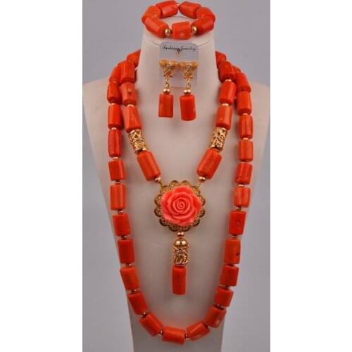 Orange Coral Beads Necklace Nigerian Wedding Set African Jewelry Set Coral Bridal Jewelry Sets 316-D4
