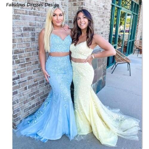 Two Pieces Mermaid Bridesmaid Dresses Long Spaghetti Strap Applique Lace Tulle V-neck Women Wedding Party Dress Maid Of Honor