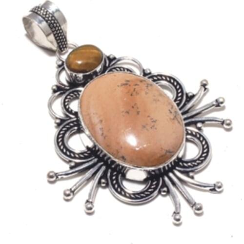 Genuine Picture Jasper + Tiger Eye Pendant Silver Overlay over Copper, Hand made Women Jewelry gift , P8736