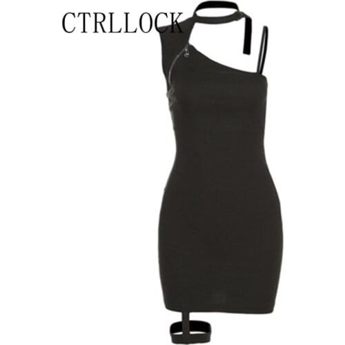 CTRLLOCK Techwear Casual Women Sleeveless Slip Dress Irregular Halter Neck Leg Ring Zipper Mini Dress 2021 Summer