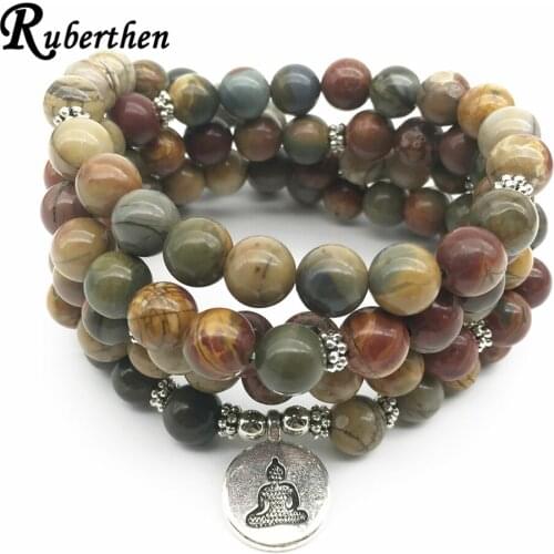 Ruberthen Handmade 108 Mala Buddha Women`s Jewelry Balance Lotus Yoga Bracelet Natural Picasso Jaspers Bracelets for women