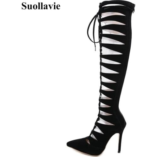 Suollavie women boots 2020 hot lace-up boots women Knee-High party shoes female fashion shoes for women new cutout botines mujer