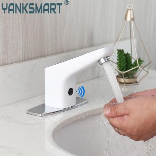 YANKSMART White Bathroom Vessel Basin Automatic Hand Sensor Faucet Deck Mounted Mixer Water Tap With Chrome Cover Plate Set