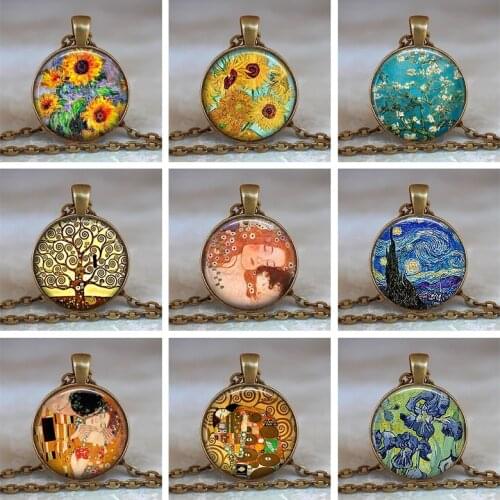 Van Gogh Starry Night Sky Necklace Dome Glass Jewelry Art Painting Pendant Fashion Antique Bronze Chain Cabochon Choker Necklace