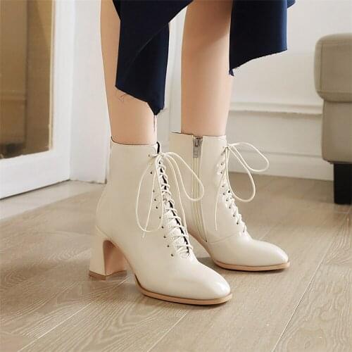 2021 New Microfiber boots women shoes Square Heels lace up autumn winter short ankle boots for women Zip Chelsea boots Size34-43