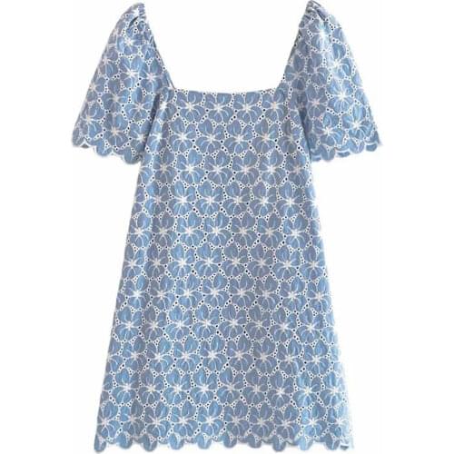 ZA 2021 Summer women blue Baggy Dresses Fashion Palace Style Vestidos zipper loose Hole Hollow Out Embroidery Vogue Mini Dress