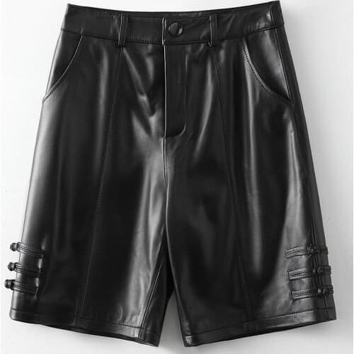 2021 Spring New Genuine Leather Knee Length Black Womens Short Casual Sheepskin Wide Leg Pants High Quality Loose Shorts