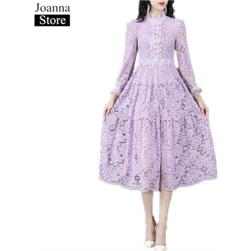 Spring Lace Splice Long Dress Women Stand Collar Hollow Out Ruffle Sleeve Big Hem Slim Elegant Party Dresses Plus Size Clothes