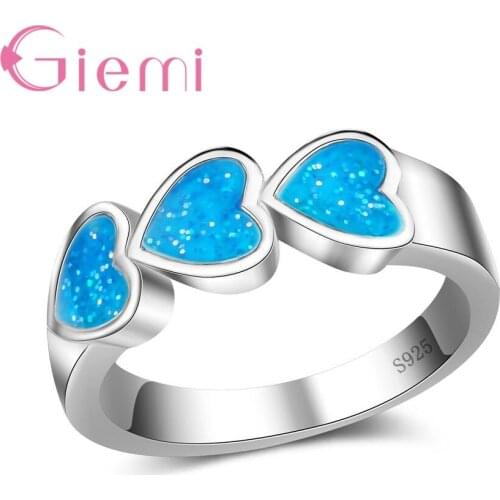 Simple Type 925 Sterling Silver Jewelry with 3 Heart Fire Opal Ring Romantic Forever Love Gifts for Women Wedding Marrage