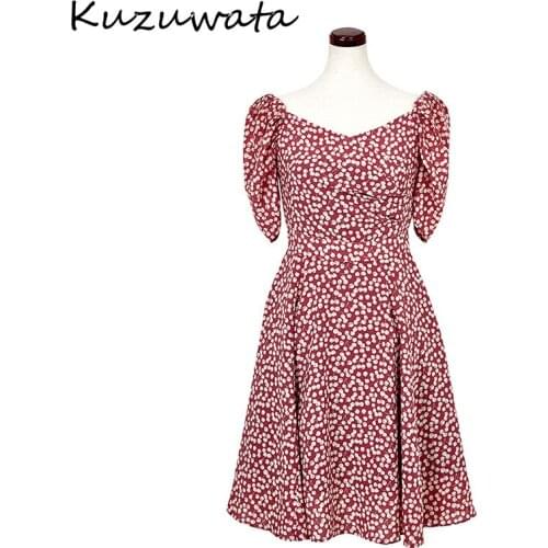 Sexy Neck V Puff Long Sleeve Women Dress Sweet Chic Cherry Print Design Vestidos Slim Waist Backless Aesthetic Dresses
