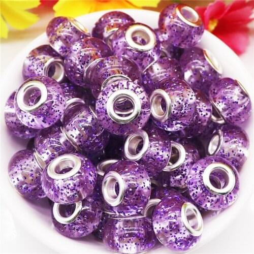 10Pcs Purple Color Round Loose Sparking Glitter Powder Big Hole Spacer Beads Fit Pandora Charms Bracelet Women Hair Jewelry Bead